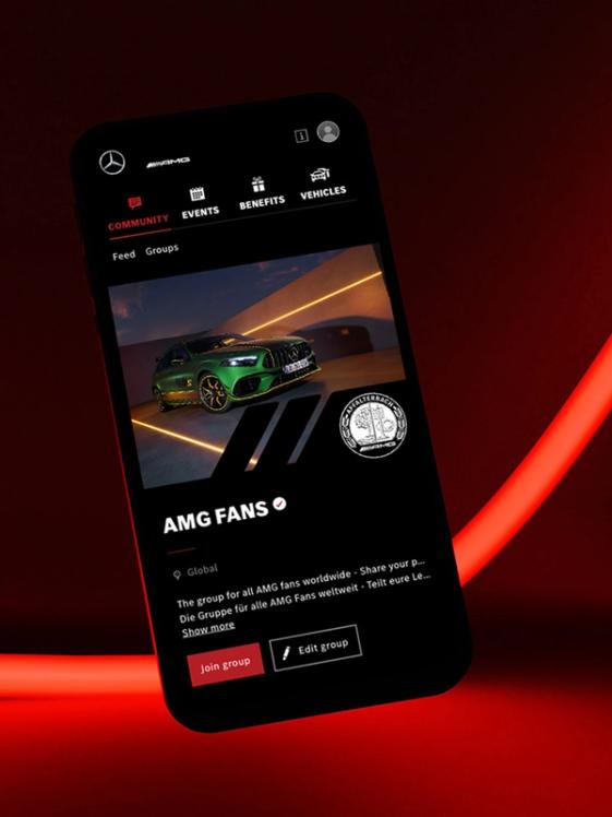 Smartphone showing the group overview of the AMG Fans Group