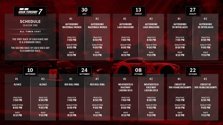 A graphic showing the race calendar for Gran Turismo 7.