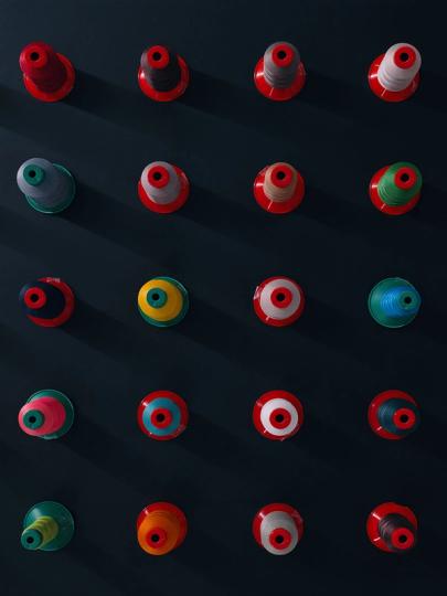 Stylishly staged spools of thread.