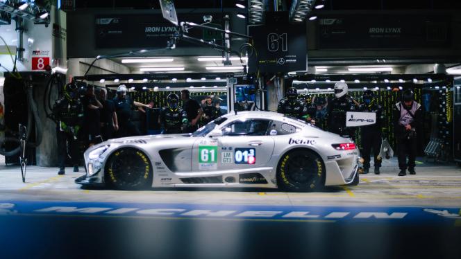 Mercedes-AMG GT in the pit lane at night