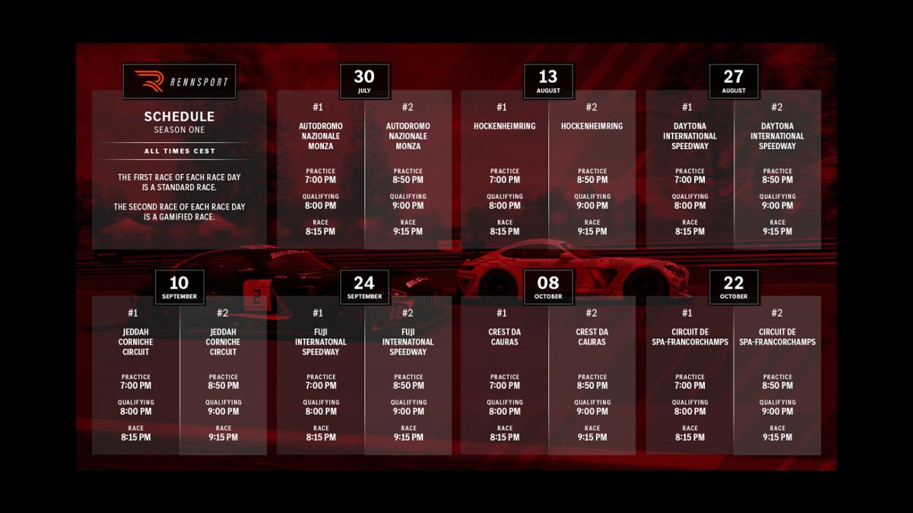 A graphic showing the race calendar for Rennsport.