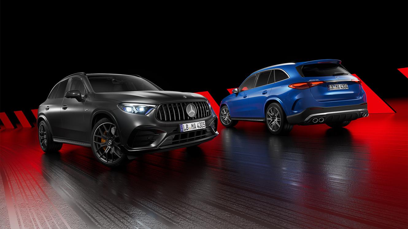 Two of the new Mercedes-AMG GLC 63 S E PERFORMANCE models in black and blue.