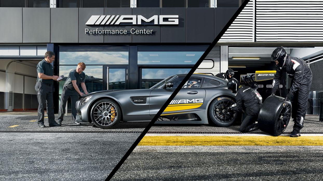 Split image of AMG Performance Centre exterior and pitstop