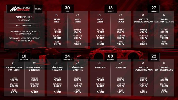 A graphic showing the race calendar for Assetto Corsa Competizione Console.