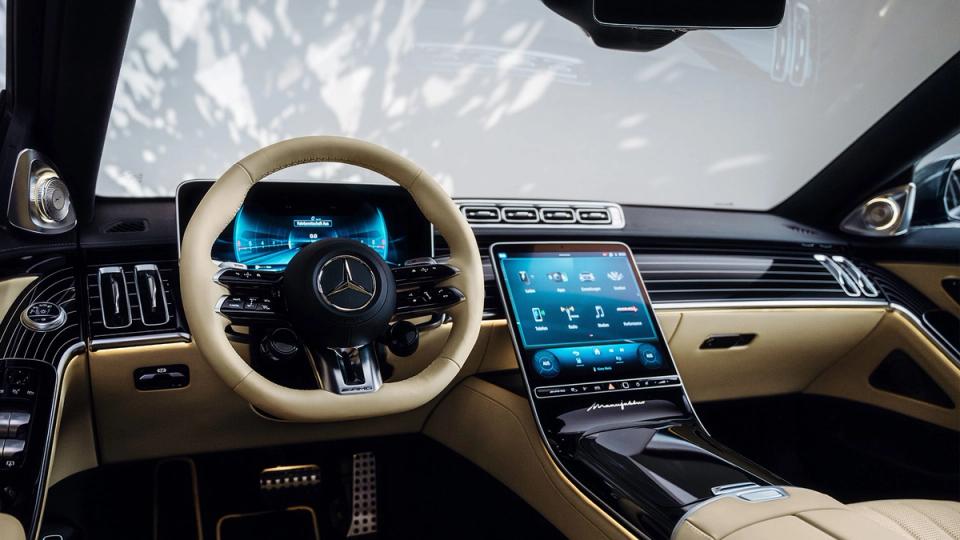 The interior of a Mercedes-AMG S-Class from the driver's perspective.