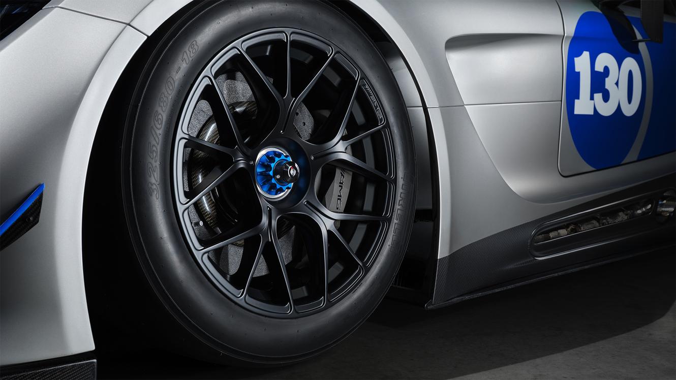 Left front wheel of the Mercedes-AMG GT3 Edition 130Y Motorsport in close-up view