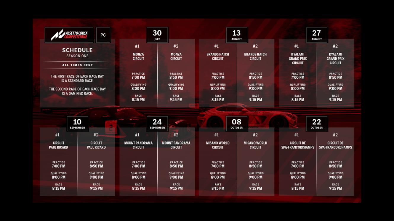 A graphic showing the race calendar for Assetto Corsa Competizione PC.