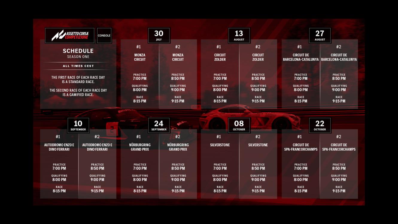 A graphic showing the race calendar for Assetto Corsa Competizione Console.