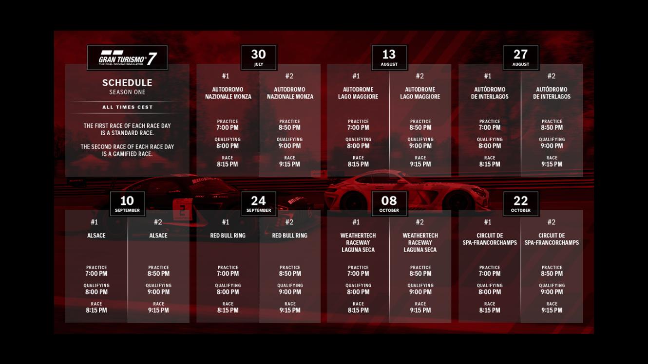 A graphic showing the race calendar for Gran Turismo 7.