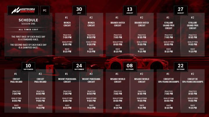 A graphic showing the race calendar for Assetto Corsa Competizione PC.
